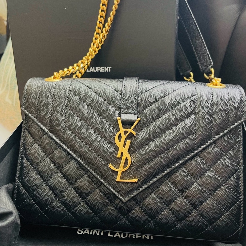 Saint Laurent Black Quilted Leather Shoulder Bag with Gold YSL Logo